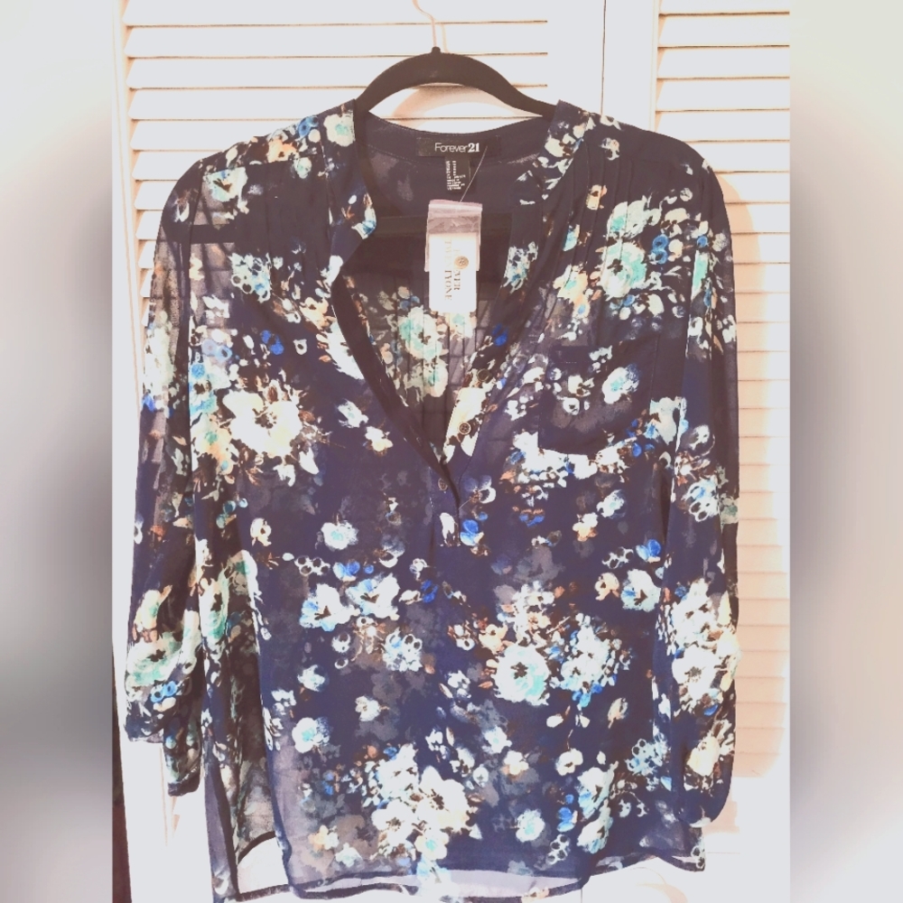 Vintage Forever 21 Sheer Blue Floral Top Blouse